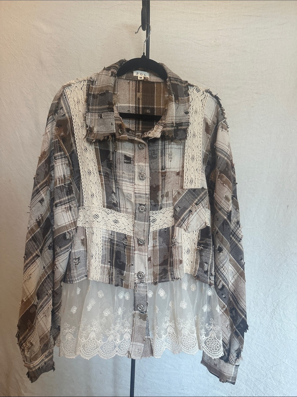 POL Plaid Distressed Lace Trim Shacket Oversized Boho Medium